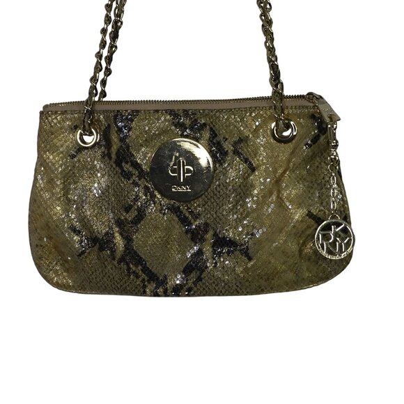DKNY Gold Python Snake Print Chain Strap Shoulder Bag Crossbody W/Charm Accent - Picture 2 of 14